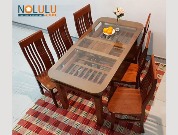 Bộ Bàn Ăn Gỗ Sồi Nga 6 Ghế (Vàng Cánh Gián)