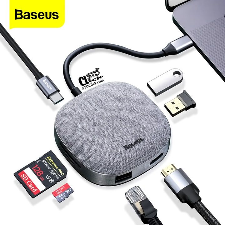 HUB CHUYỂN TYPE C BASEUS FABRIC 7 IN 1 TYPE-C TO 2USB3.0 TYPE-C PD HDMI RJ45-LAN SD TF CHÍNH HÃNG