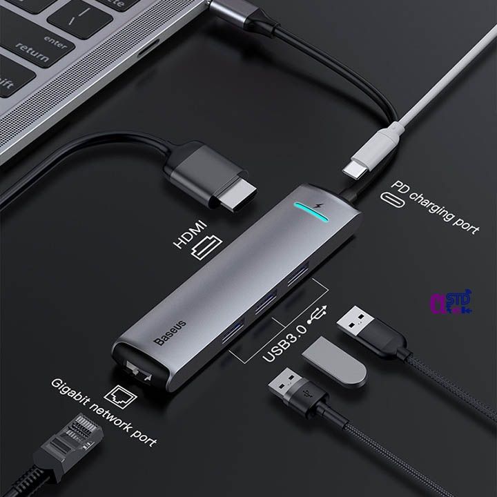 HUB CHUYỂN TYPE C BASEUS MECHANICAL EYE 6 IN 1 TYPE-C TO 3USB3.0 TYPE-C PD HDMI RJ45-LAN CHÍNH HÃNG