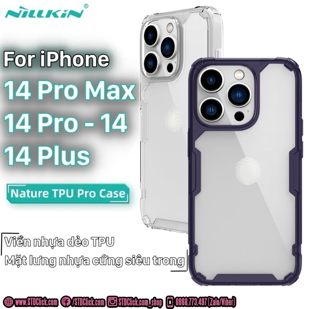 ỐP LƯNG IPHONE 14 - 14 PRO - 14 PLUS - 14 PRO MAX NILLKIN NATURE TPU PRO LƯNG KÍNH PC TRONG VIỀN DẺO CHÍNH HÃNG