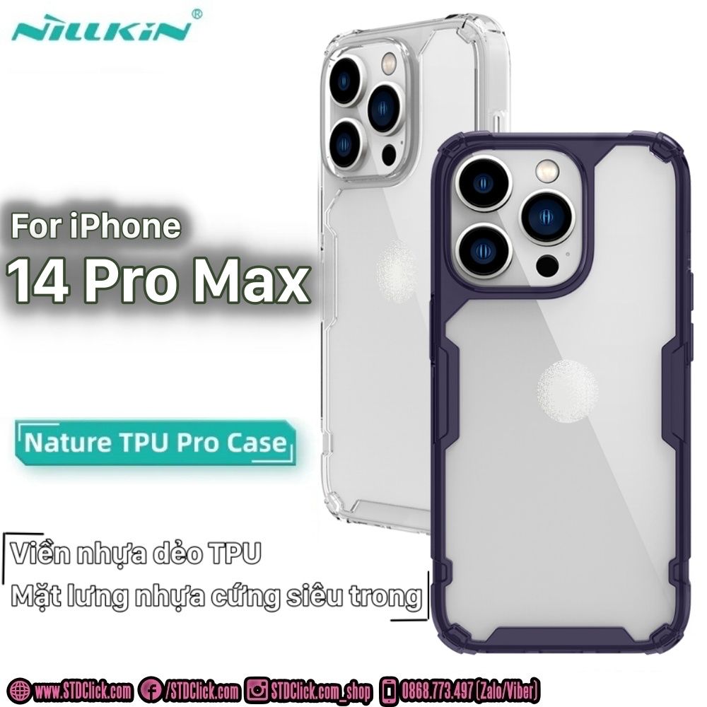 ỐP LƯNG IPHONE 14 PRO MAX NILLKIN NATURE TPU PRO LƯNG KÍNH PC TRONG VIỀN DẺO CHÍNH HÃNG