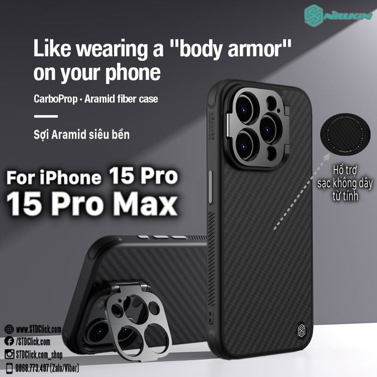 ỐP LƯNG IPHONE 15 PRO MAX - 15 PRO NILLKIN CARBOPROP CHÍNH HÃNG - HỔ TRỢ SẠC TỪ TÍNH KÈM KHUNG BẢO VỆ CAMERA KIÊM GIÁ ĐỠ