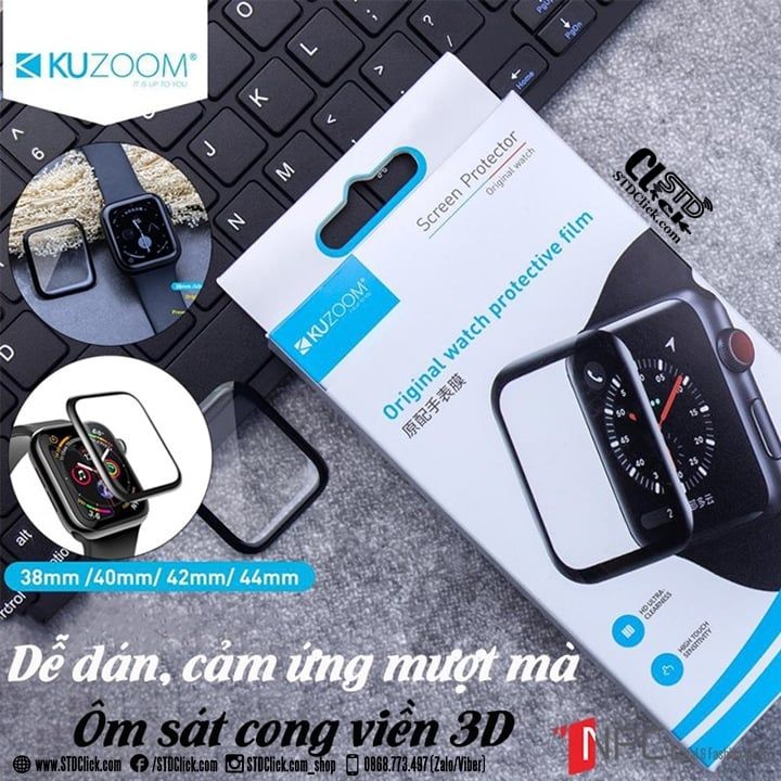 MIẾNG DÁN CƯỜNG LỰC DẺO APPLE WATCH SERI 4 - 5 - 6 - SE và SERI 7 - 8 KUZOOM 3D CHÍNH HÃNG