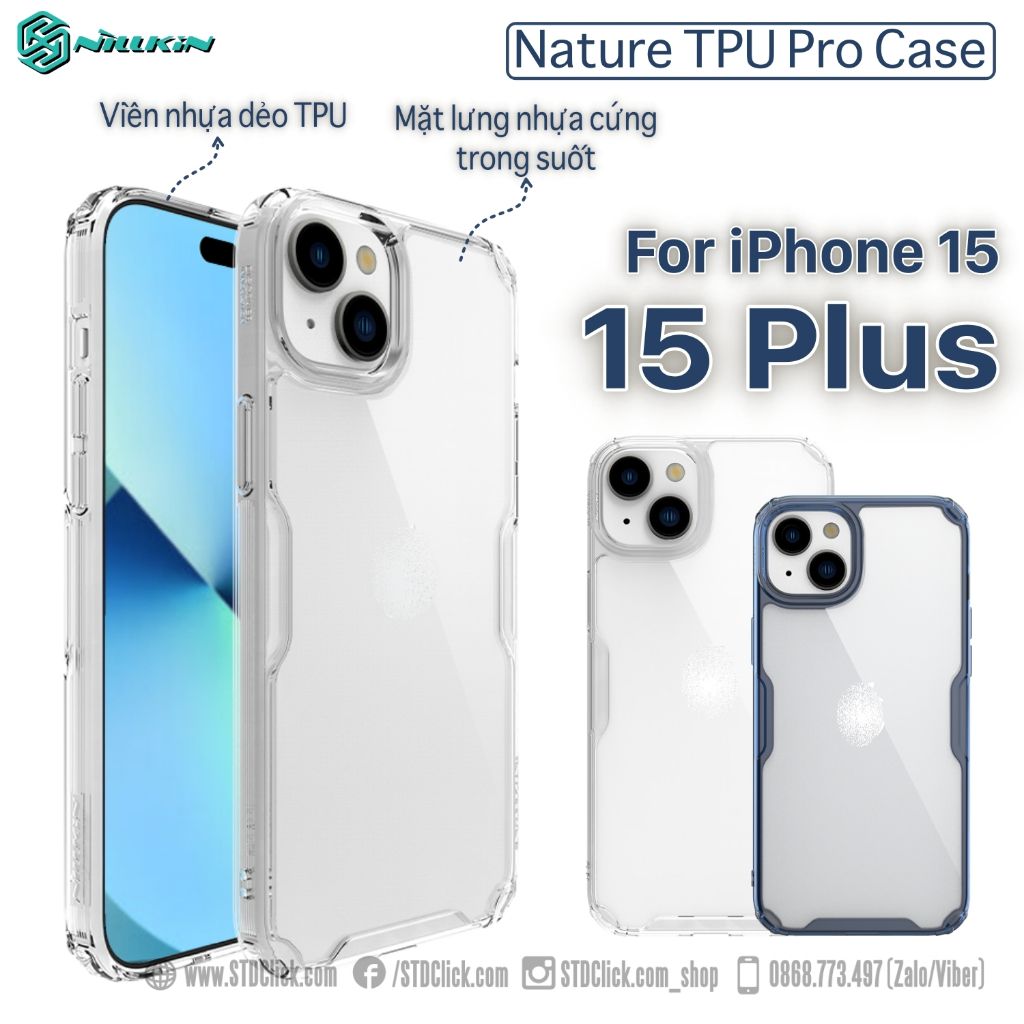 ỐP LƯNG IPHONE 15 PLUS - 15 NILLKIN NATURE TPU PRO CHÍNH HÃNG - LƯNG KÍNH PC TRONG VIỀN DẺO