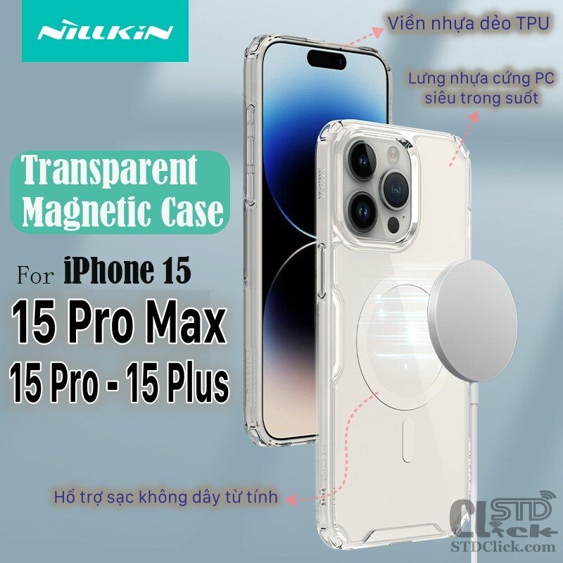 ỐP LƯNG IPHONE 15 PRO MAX - 15 PRO - 15 PLUS NILLKIN NATURE TPU PRO hỗ trợ sạc không dây LƯNG KÍNH PC TRONG VIỀN DẺO