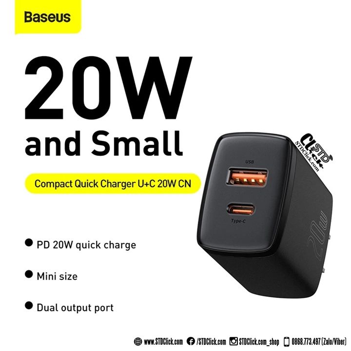 SẠC NHANH PD 20W CỔNG USB A và TYPE C BASEUS COMPACT CHÂN DẸP CHÍNH HÃNG