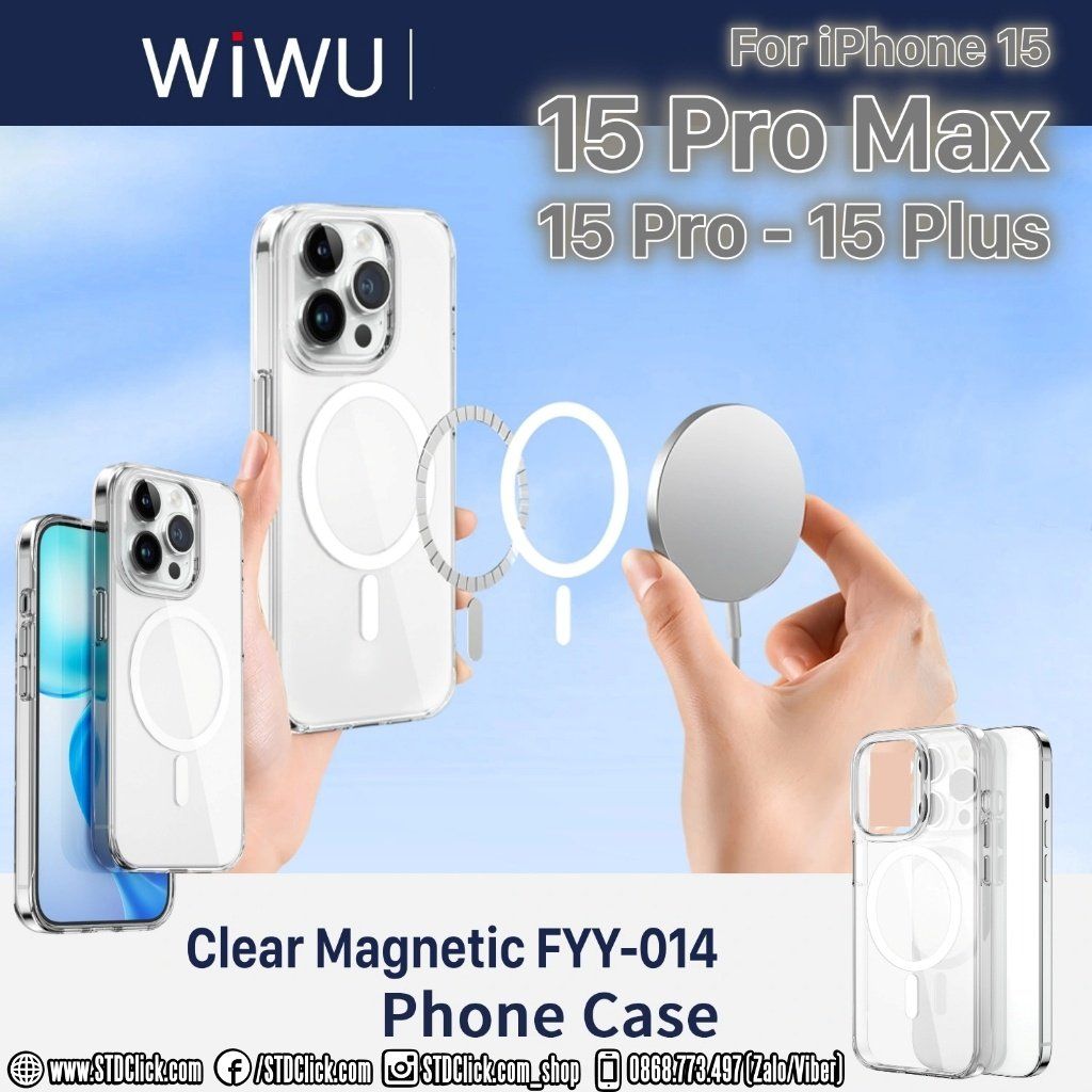 ỐP LƯNG IPHONE 15 PRO MAX - 15 PRO WIWU CLEAR FYY-014 - LƯNG CỨNG TRONG VIỀN DẺO - HỔ TRỢ SẠC KHÔNG DÂY TỪ TÍNH