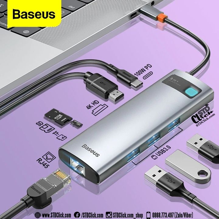 HUB CHUYỂN TYPE C BASEUS METAL GLEAM SERIES DOCKING STATION 8 IN 1 TYPE-C TO USB3.0 - PD - HDMI 4K - RJ45 CHÍNH HÃNG