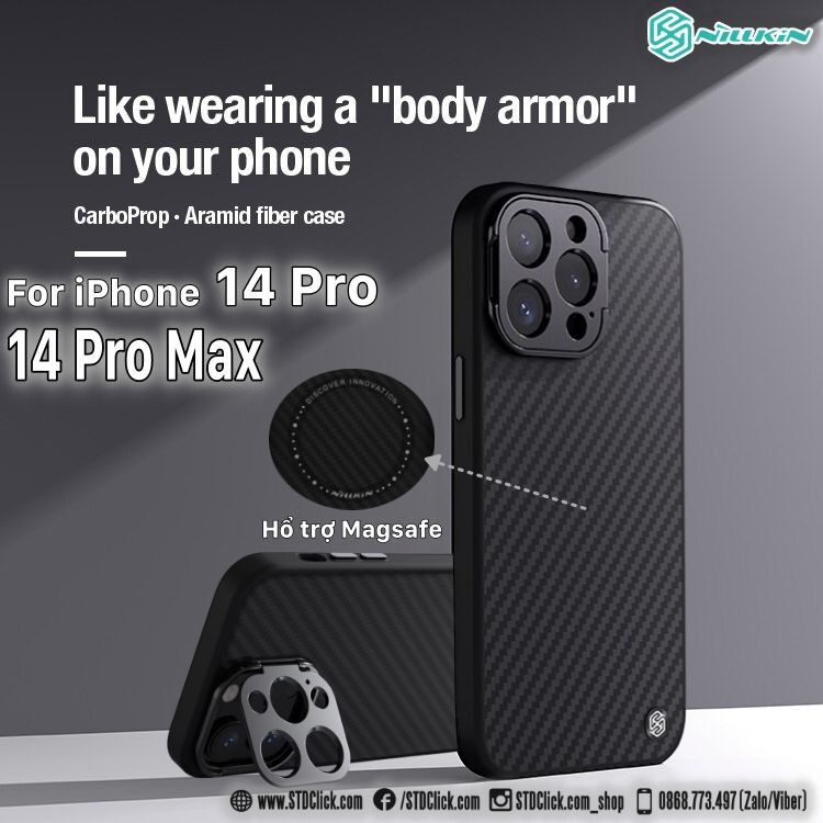 ỐP LƯNG IPHONE 14 PRO MAX - 14 PRO NILLKIN CARBOPROP CHÍNH HÃNG - HỔ TRỢ SẠC TỪ TÍNH KÈM KHUNG BẢO VỆ CAMERA KIÊM GIÁ ĐỠ