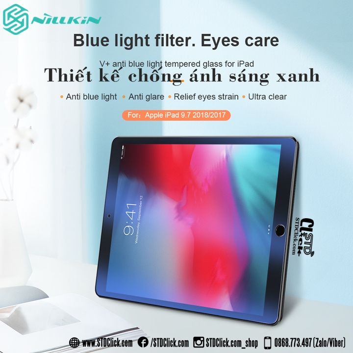 MIẾNG DÁN CƯỜNG LỰC IPAD 9.7 2018 - 2017 - AIR 1 - 2 NILLKIN V+ CHỐNG ÁNH SÁNG XANH CHÍNH HÃNG