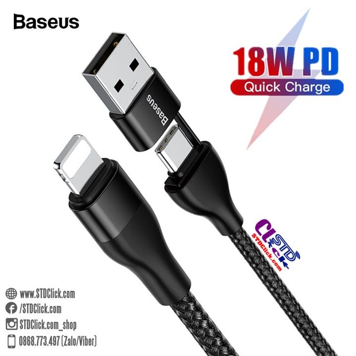 DÂY CÁP SẠC BASEUS 2 IN 1 USB-A VÀ TYPE C TO LIGHTNING PD 18W CHÍNH HÃNG