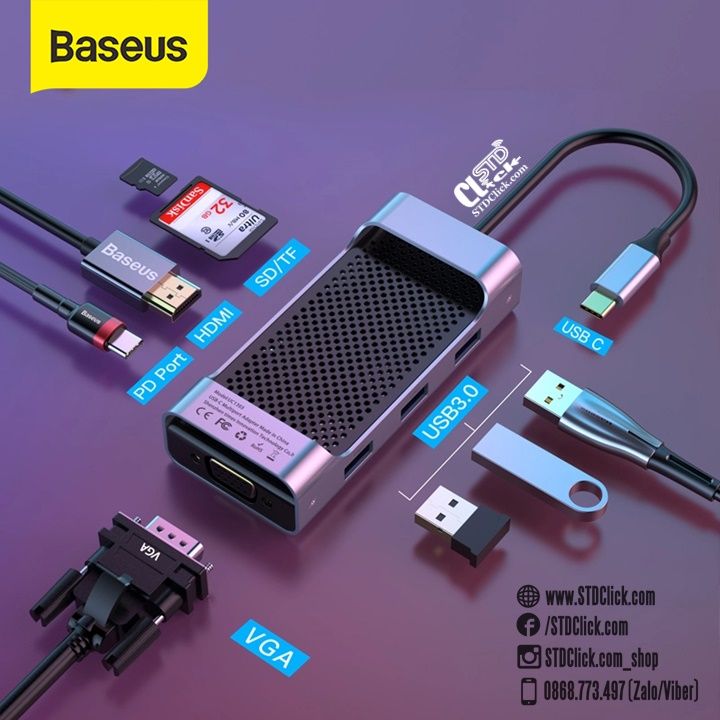 HUB CHUYỂN TYPE C BASEUS SQUARE DESK 8 IN 1 TYPE-C TO 3 USB3.0 PD HDMI VGA SD TF CHÍNH HÃNG