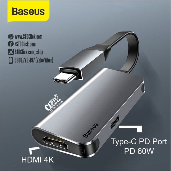 HUB CHUYỂN TYPE C BASEUS LITTLE BOX TYPE C TO HDMI 4K + SẠC TYPE C PD 60W CHÍNH HÃNG