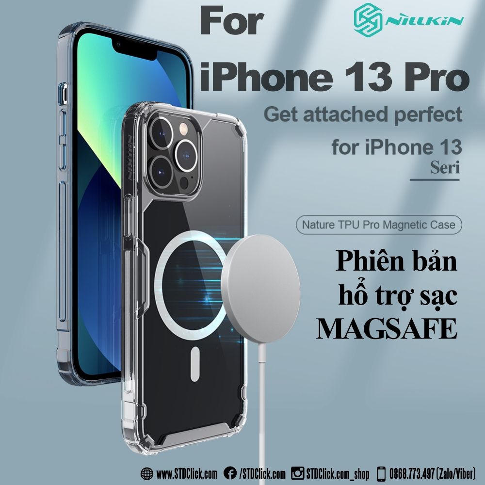 ỐP LƯNG IPHONE 13 PRO NILLKIN NATURE TPU PRO MAGSAFE LƯNG KÍNH PC TRONG VIỀN DẺO CHÍNH HÃNG