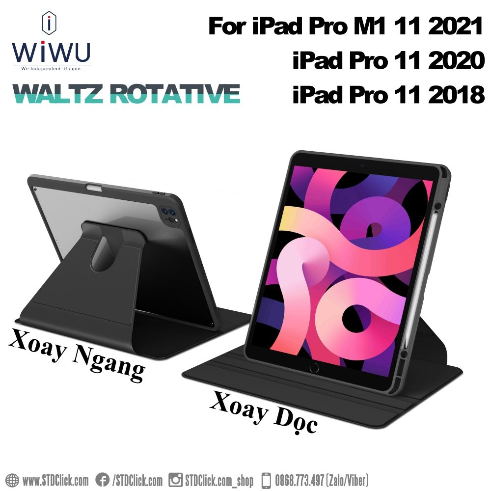 BAO DA IPAD PRO 11 M1 2021 - 11 2020 - 11 2018 WIWU WALTZ ROTATIVE XOAY 360 CÓ KHE CẮM BÚT CHÍNH HÃNG