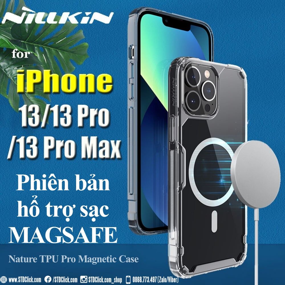 ỐP LƯNG IPHONE 13 PRO MAX - 13 PRO - 13 NILLKIN NATURE TPU PRO MAGSAFE LƯNG KÍNH PC TRONG VIỀN DẺO CHÍNH HÃNG