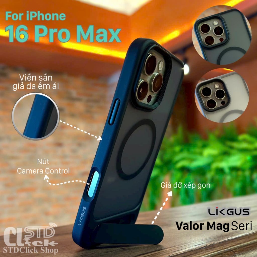 Ốp lưng iP 16 Pro Max Likgus Valor Mag - lưng nhám + viền nhựa dẻo giả da - kèm giá đỡ xếp gọn