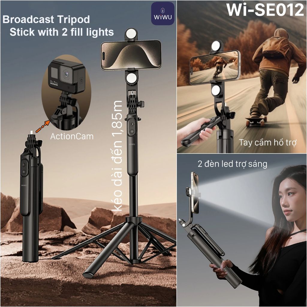 Gậy chụp hình WIWU Wi-SE012 Live Broadcast - kèm Tay cầm cân bằng và 2 đèn led trợ sáng