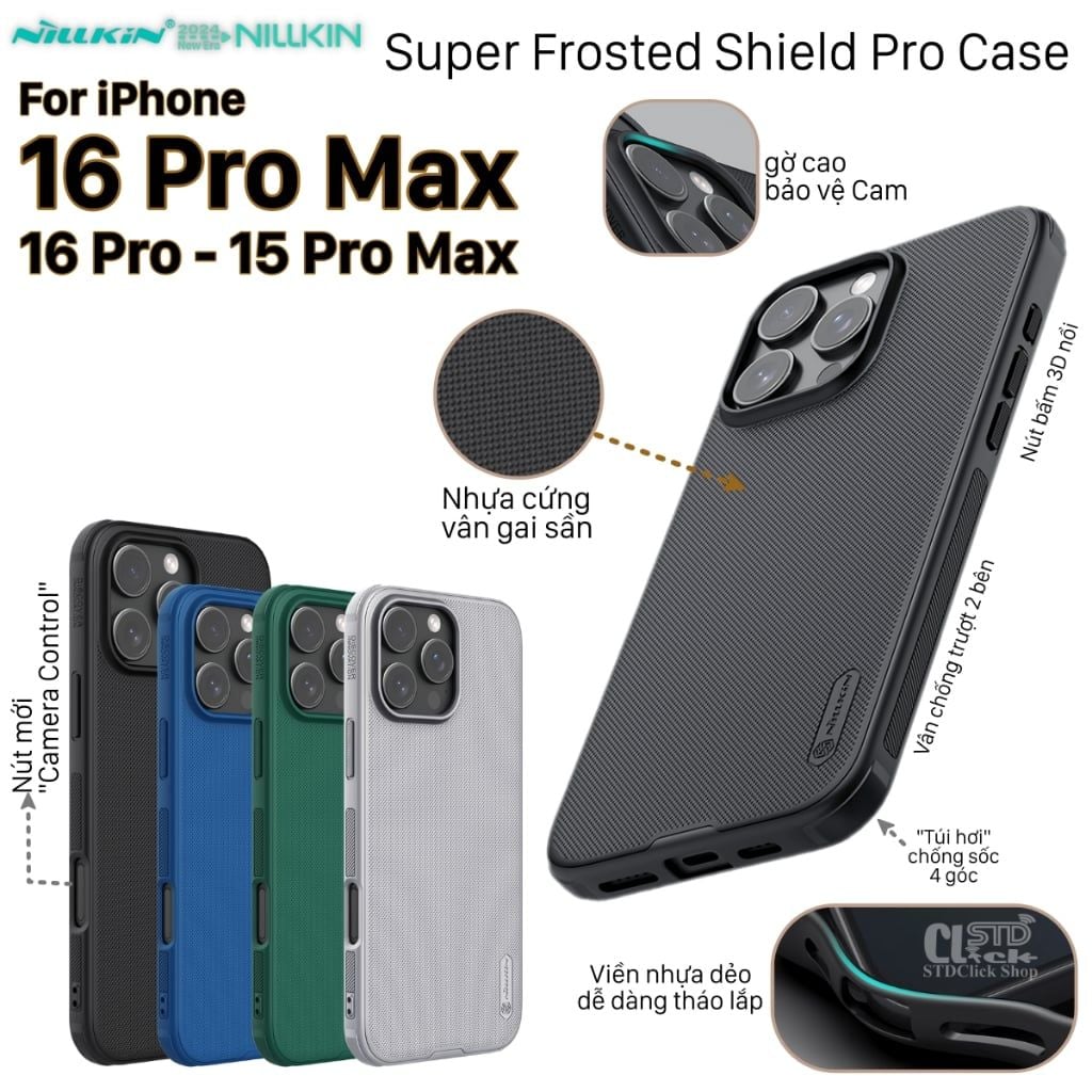 ỐP LƯNG iPhone 16 Pro Max - 16 Pro NILLKIN NHỰA CỨNG VIỀN DẺO - Super Frosted Shield Pro