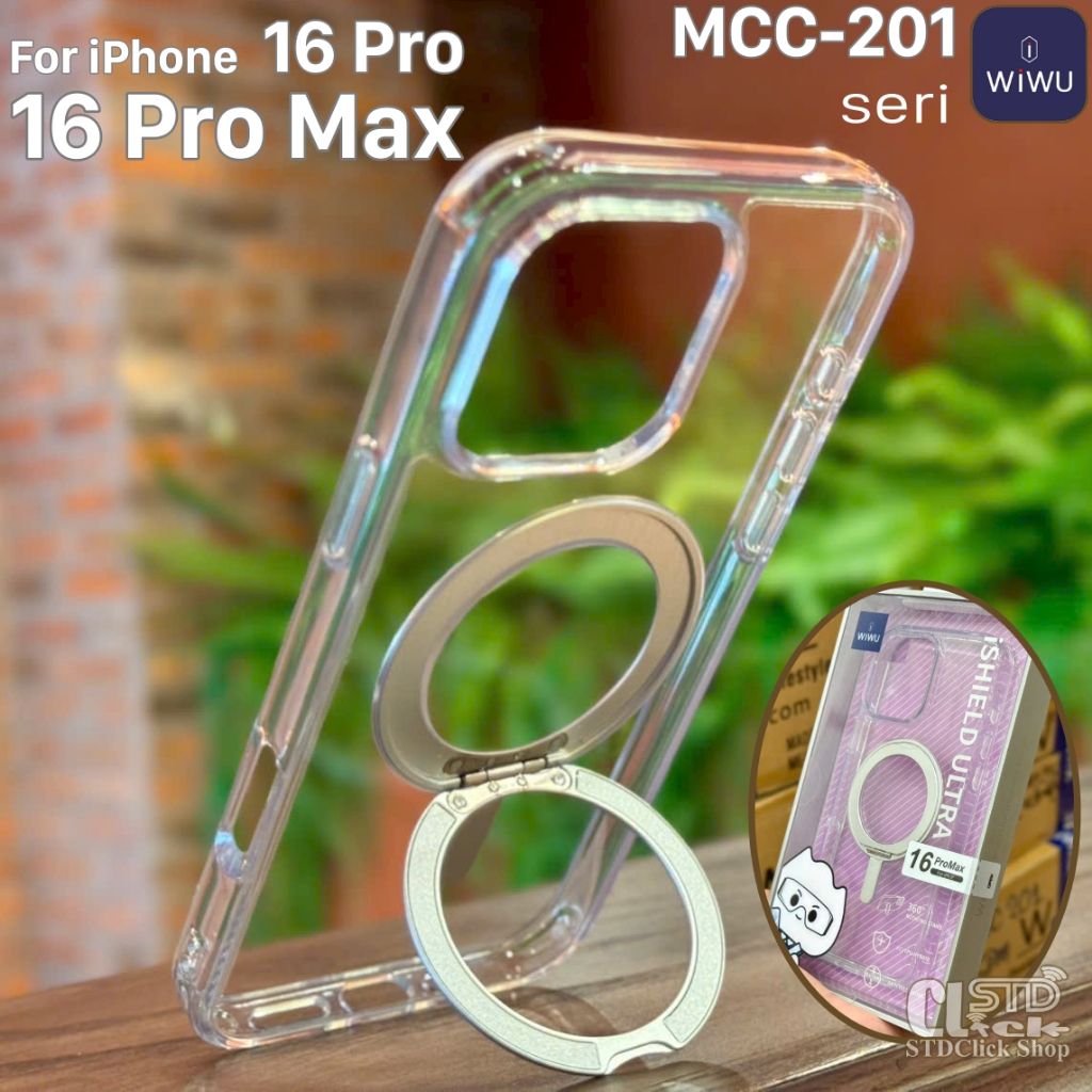 Ốp lưng iPhone 16 Pro Max - 16 Pro - 16 Plus WIWU MCC-201 nhựa cứng trong viền dẻo + vòng nam châm kiêm giá đỡ xếp gọn
