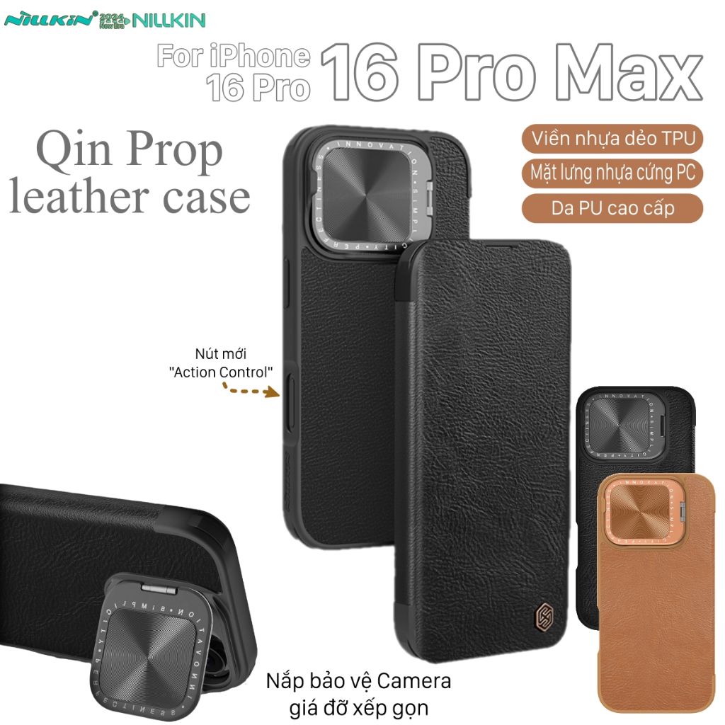 Bao da iPhone 16 Pro Max - 16 Pro NILLKIN QIN PROP - bảo vệ Camera kiêm giá đỡ