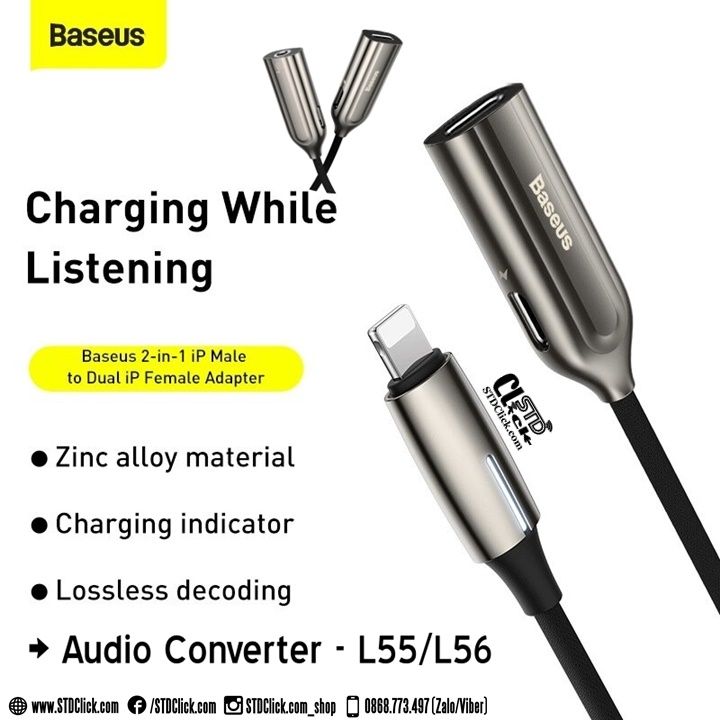 JACK CHUYỂN LIGHTNING SANG DUAL LIGHTNING - LIGHTNING VÀ 3.5MM BASEUS L55 - L56 CHÍNH HÃNG