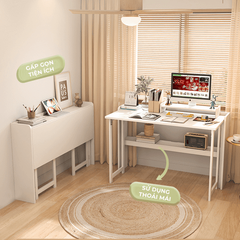 Bàn làm việc gấp gọn kết hợp kệ sách thông minh với thiết kế hiện đại cho góc làm việc tối giản, tinh gọn - GP309
