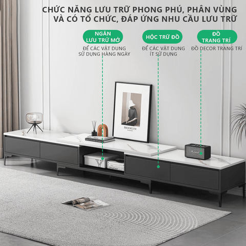 Kệ T. Gỗ Công Nghiệp Mặt Vân Đá Thông Minh Mở Rộng Kích Thước tùy chỉnh cho không gian phòng khách sang trọng - GP299
