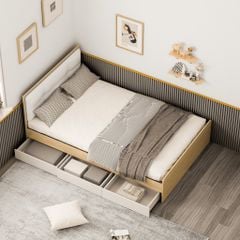 Giường Ngủ Gỗ Công Nghiệp Hiện Đại Có Ngăn Kéo Tiện Lợi - 205x 125x80 cm- Màu vân gỗ phối trắng- Nhà máy IGA- GP239