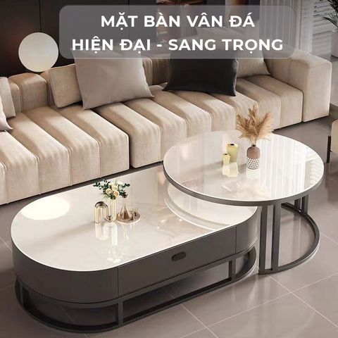Bàn Trà Sofa Hình Elip IGA Khung Đen, Bọc Da Cao Cấp - GM149