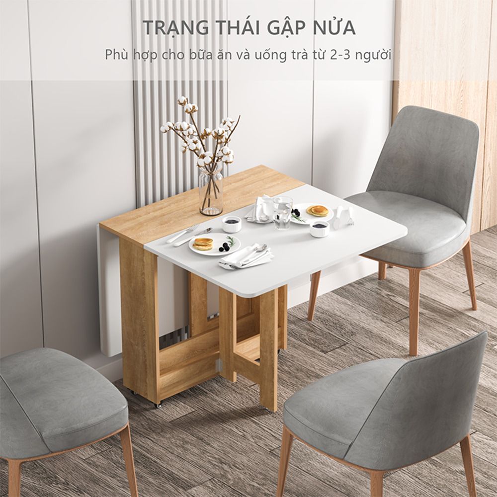 Bàn ăn thông minh có bánh xe vân gỗ trắng - GP97.41