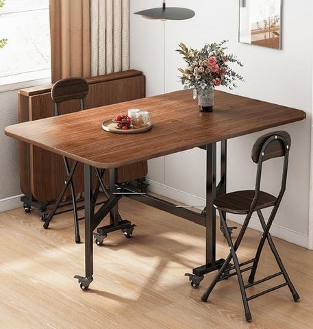 Bàn Ăn Thông Minh Gấp Gọn gỗ MDF kèm bánh xe tiện lợi - Màu vân gỗ óc chó - GM107