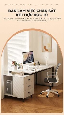 Bàn Làm Việc kèm Tủ Đồ khung đen mặt gỗ trắng GM196