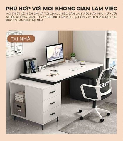 Bàn Làm Việc kèm Tủ Đồ khung đen mặt gỗ trắng GM196