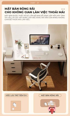 Bàn Làm Việc kèm Tủ Đồ khung đen mặt gỗ trắng GM196
