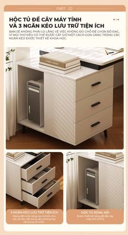 Bàn Làm Việc kèm Tủ Đồ khung đen mặt gỗ trắng GM196