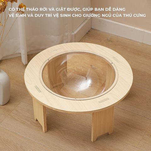 Ổ Mèo Gỗ Tròn Hiện Đại IGA Kết Hợp Mika Trong Suốt - GU4