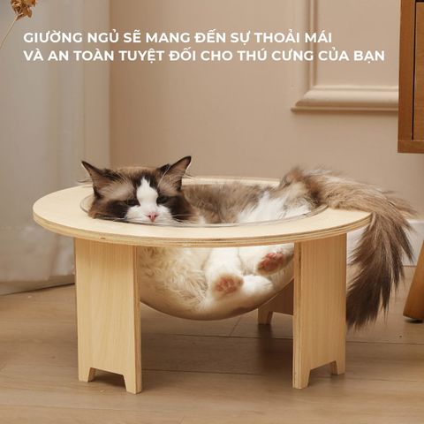 Ổ Mèo Gỗ Tròn Hiện Đại IGA Kết Hợp Mika Trong Suốt - GU4