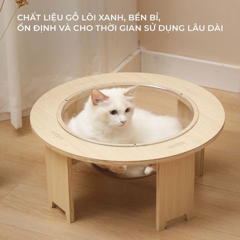 Ổ Mèo Gỗ Tròn Hiện Đại IGA Kết Hợp Mika Trong Suốt - GU4