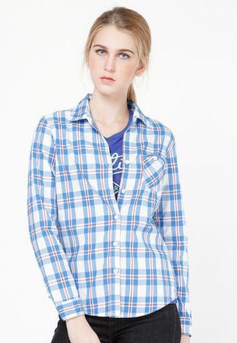 Áo nữ áo sơ mi nữ cổ tròn dài tay cúc cổ kẻ carô gai pha bông GLA046