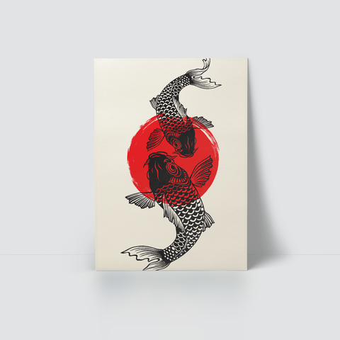 KOI - TWO BLACK FISH WITH RED SUN