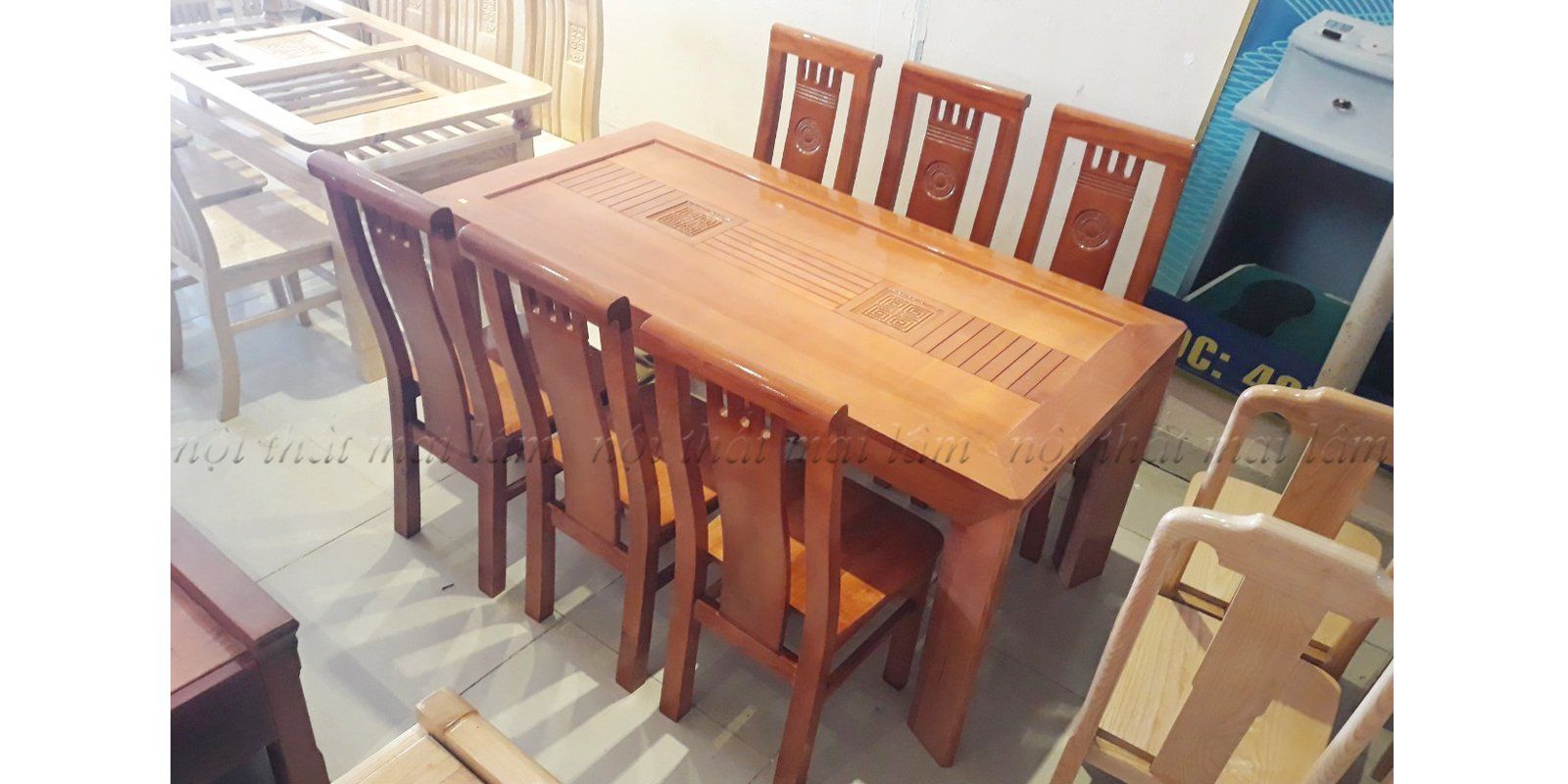 bộ bàn ăn chân vát 6 ghế gỗ sồi