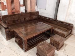 sofa gỗ sồi góc trứng lớn mặt liền màu óc chó