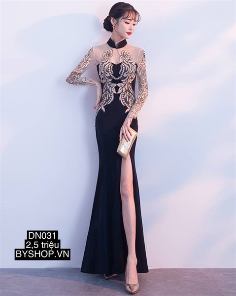 Áo cưới đi bàn xẻ tàn đuôi cá trễ vai 1007