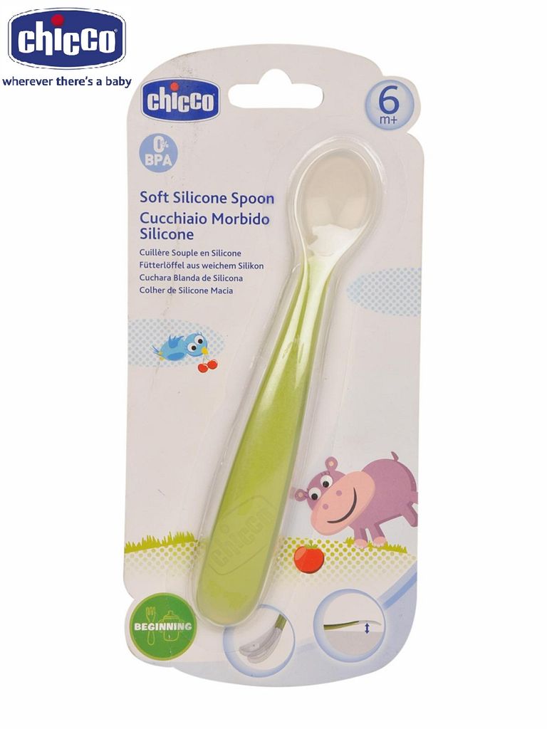 THÌA ĂN CHO BÉ CHICCO SILICONE XANH LÁ 6M+