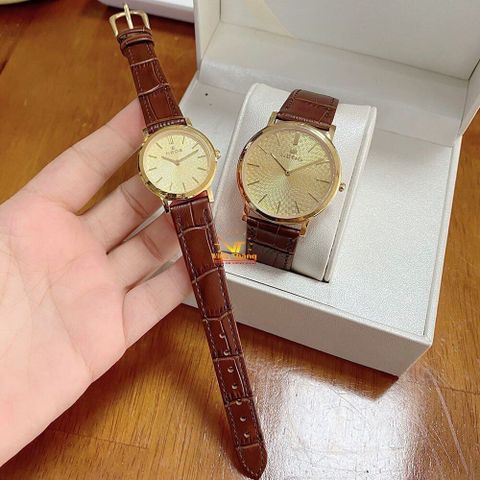  ĐỒNG HỒ NEOS NEOS CẶP ĐÔI M40577 & L40577 DA NÂU M.VÀNG CHÍNH HÃNG 