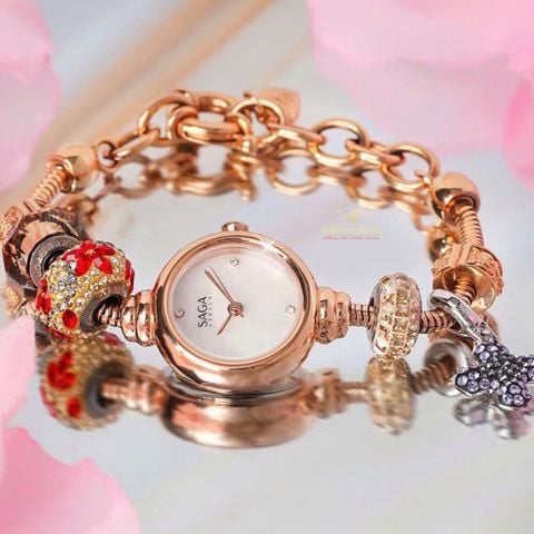  Saga Charm 53229-RGMWRG-5 – Nữ – Đính đá Swarovski quyến rũ – Mặt số khảm xà cừ cùng hiệu ứng chuyển sắc – Dây charm mạ vàng PVD 