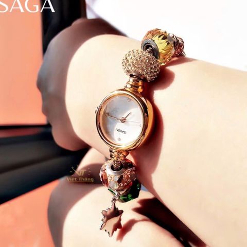  Saga Charm 53229-RGMWRG-5 – Nữ – Đính đá Swarovski quyến rũ – Mặt số khảm xà cừ cùng hiệu ứng chuyển sắc – Dây charm mạ vàng PVD 