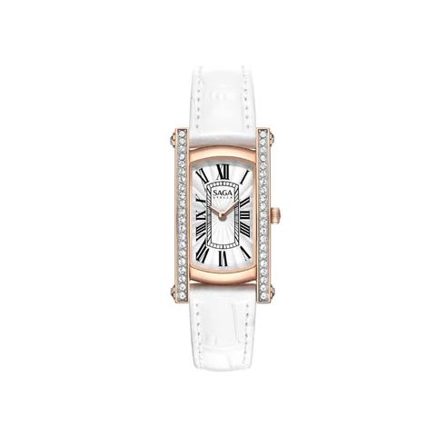  Saga Stella 71836-RGSVWH-2 – Nữ – Kính cứng – Quartz (pin) – Mặt số chữ nhật 20x37mm – Viền đá Swarovski lấp lánh – Dây da trắng sang trọng 