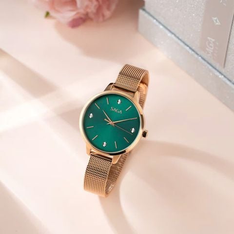  Saga 53643-RGGRRG-2 – Nữ – Kính cứng – Quartz – Mặt số đính sá Swarovski – Sắc xanh lá quyến rũ – Chống nước 3 ATM 